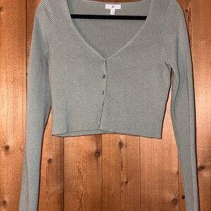 Cropped Ribbed V-Neck Cardigan - Sage Green